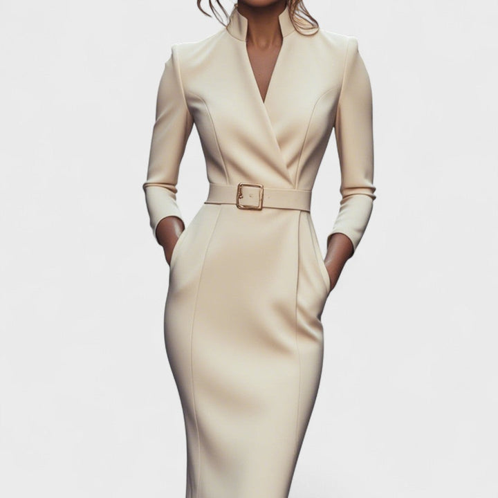 Julissa™ – Elegant Black Dress with Belt & Mandarin Collar