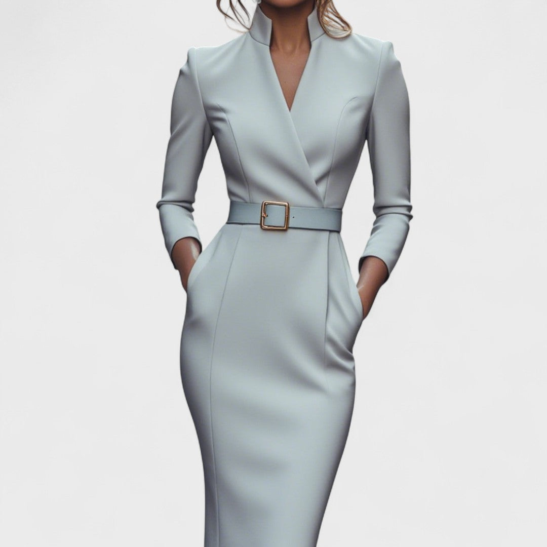 Julissa™ – Elegant Black Dress with Belt & Mandarin Collar