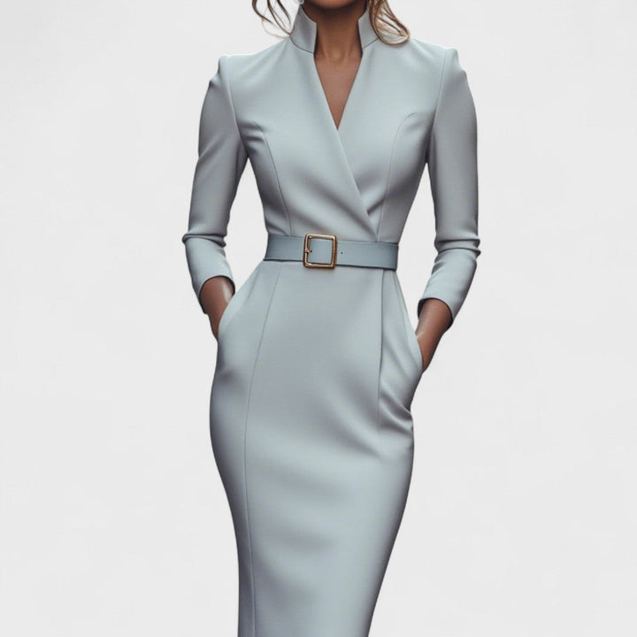 Julissa™ – Elegant Black Dress with Belt & Mandarin Collar