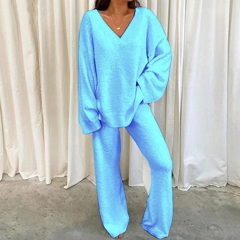 Women Winter Comfort Solid Pajamas Set V-Neck Casual Daily Home Warm Top+Long Pants Two Piece Set Warm Sleepwear Pijama S-3XL