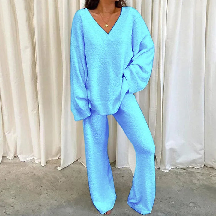 Women Winter Comfort Solid Pajamas Set V-Neck Casual Daily Home Warm Top+Long Pants Two Piece Set Warm Sleepwear Pijama S-3XL