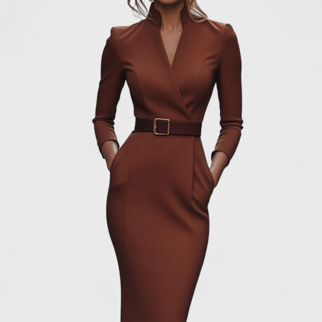 Julissa™ – Elegant Black Dress with Belt & Mandarin Collar