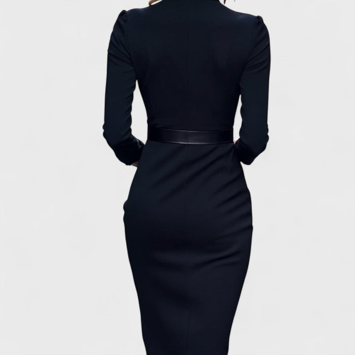 Julissa™ – Elegant Black Dress with Belt & Mandarin Collar