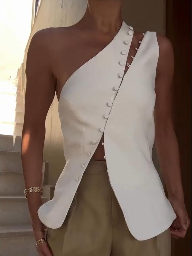 Dione™ One-Shoulder Button Detail Top
